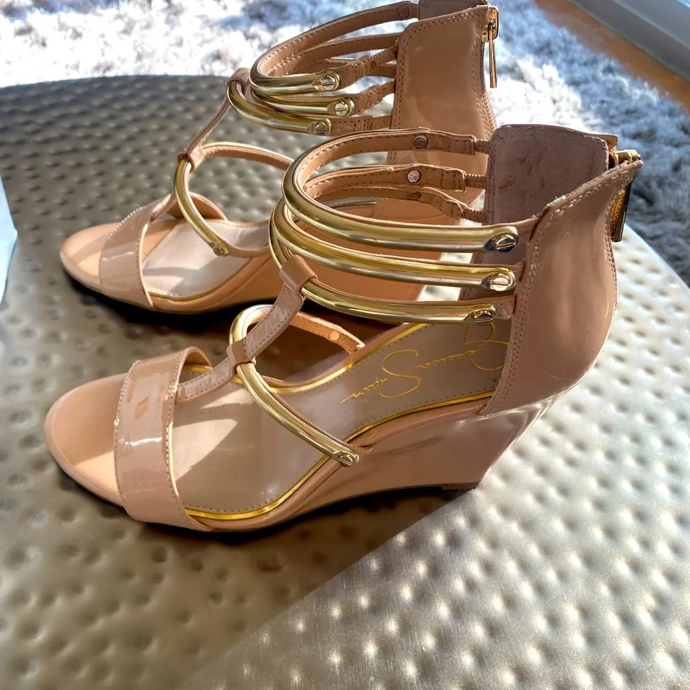 Jessica Simpson Nude Patent Wedge Sandals with Gold Accent Straps